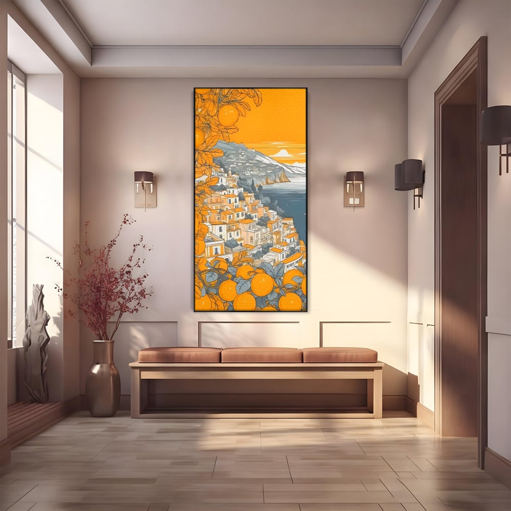 Tablou canvas cu ilustratie cu oras pe malul marii, in rama de aluminiu negru